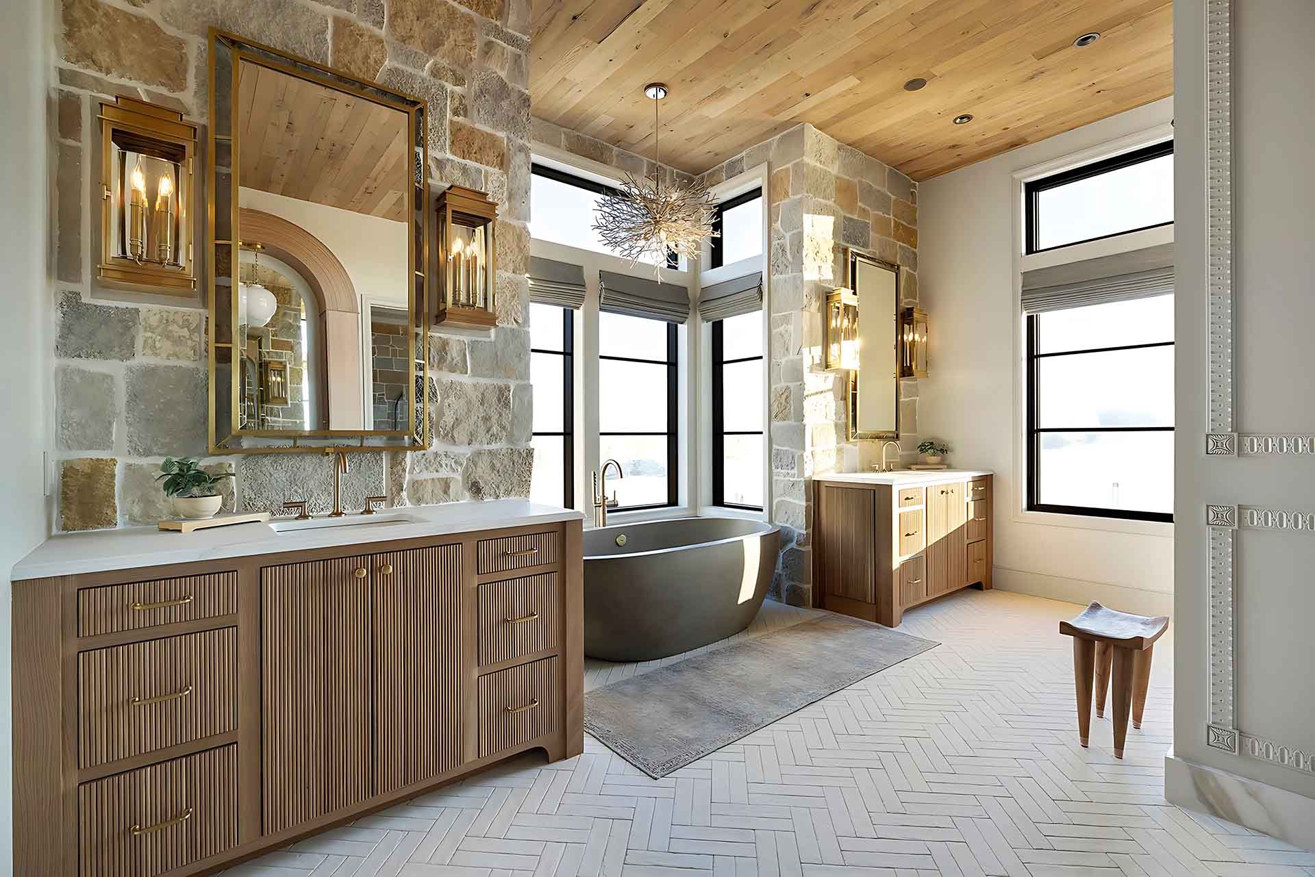 Elegant bathroom with standalone grey bathtub beside black-framed windows, dual sinks with wood-paneled cabinets, gold mirrors, and decorative lantern lighting.
